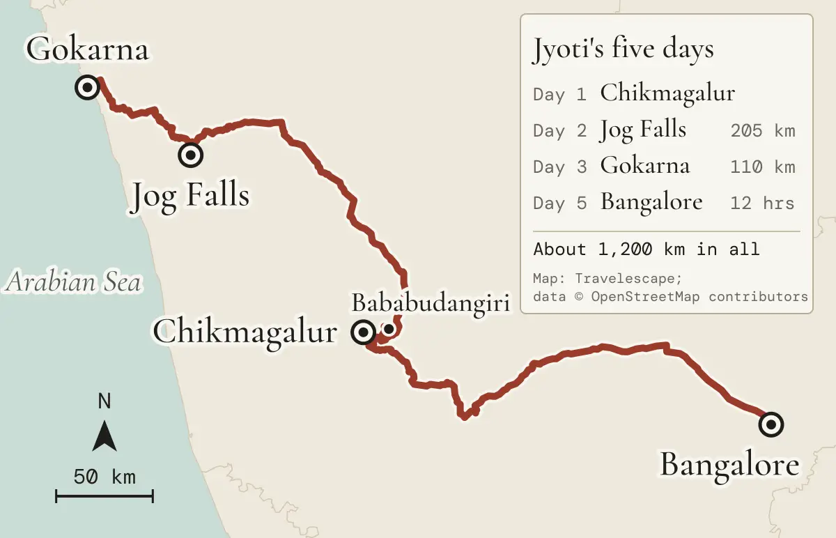 Map of the road trip Jyoti took from Bangalore to Gokarna: by the Hassan highway to Chikmagalur on day 1, Bababudangiri and 205 km to Jog Falls on day 2, 110 km to Gokarna on day 3, and back to Bangalore in 12 hours on day 5; about 1,200 km in all (map data © OpenStreetMap contributors)