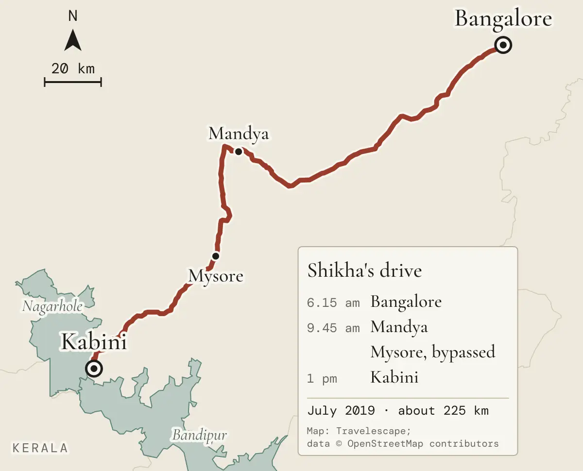 Map of the drive Shikha took from Bangalore to Kabini in July 2019: Bangalore at 6.15 am, Mandya at 9.45 am, past Mysore, and Kabini at 1 pm, between the Nagarhole and Bandipur national parks; about 225 km (map data © OpenStreetMap contributors)