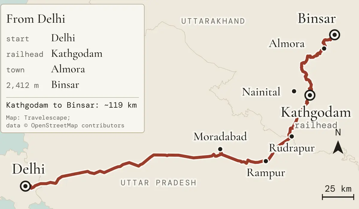 Map of the road from Delhi to Binsar, the second route this guide gives: Delhi, Moradabad, Rampur, Rudrapur, Haldwani and Kathgodam, the railhead, then up through Bhimtal and Bhowali to Almora and Binsar, with Nainital to the west of the hill road; about 119 km from Kathgodam to Binsar (map data © OpenStreetMap contributors)