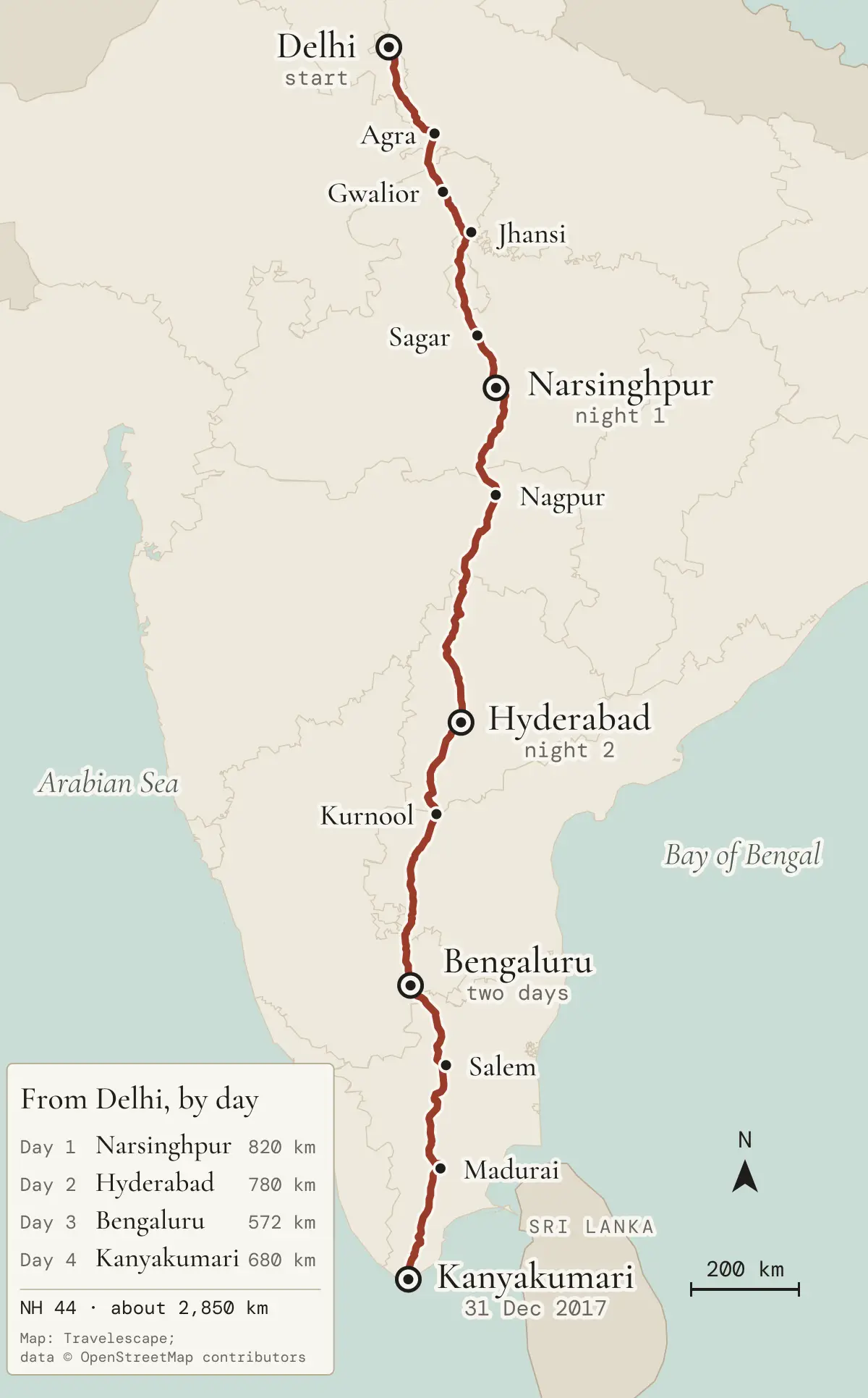 Map of the road from Delhi to Kanyakumari on NH 44: Agra, Gwalior, Jhansi and Sagar to Narsinghpur (night 1), Nagpur to Hyderabad (night 2), Kurnool to Bengaluru (two days), then Salem and Madurai to Kanyakumari (31 December 2017); 820, 780, 572 and 680 km by day (map data © OpenStreetMap contributors)