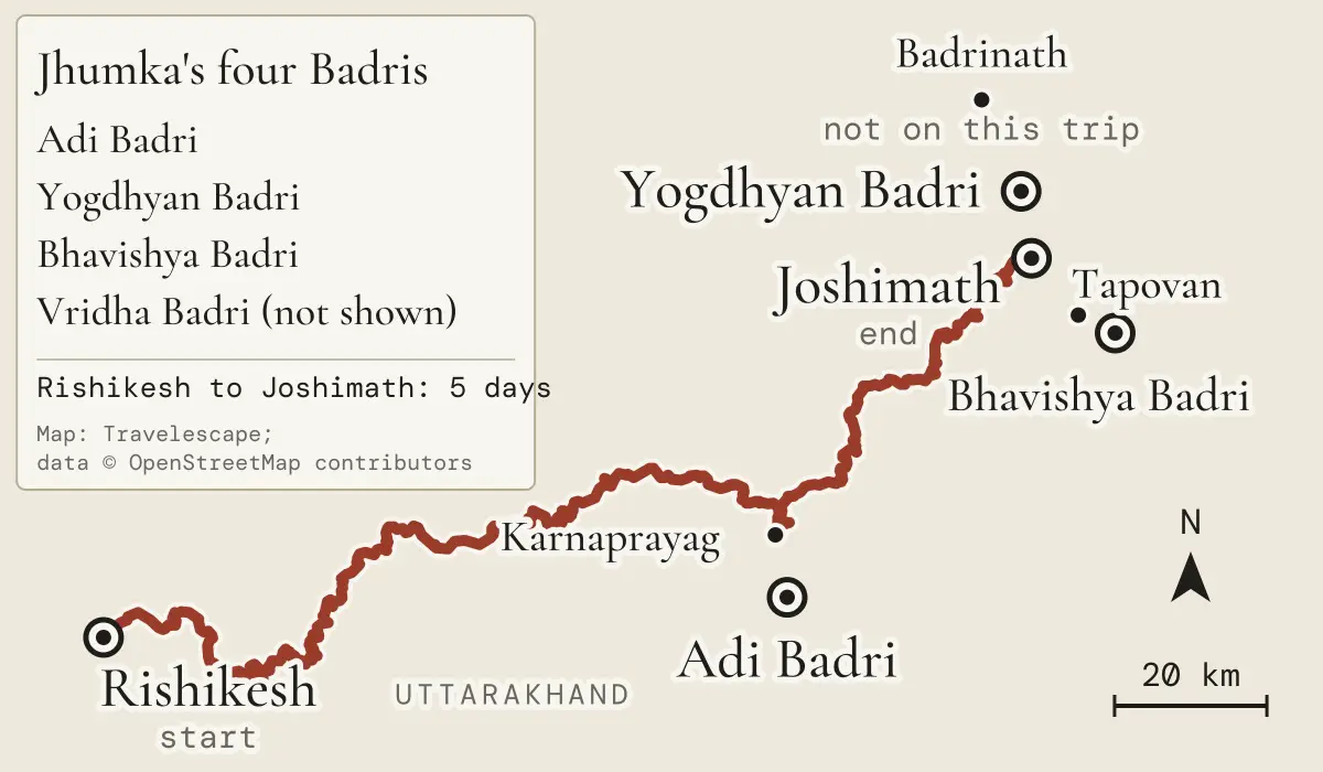 Map of the road from Rishikesh to Joshimath by Karnaprayag, five days in all, with the four Badris Jhumka visited: Adi Badri near Karnaprayag, Yogdhyan Badri at Pandukeshwar, and Bhavishya Badri beyond Tapovan; Vridha Badri, near Helang, is not in OpenStreetMap and is in the key only; Badrinath is marked, not on this trip (map data © OpenStreetMap contributors)