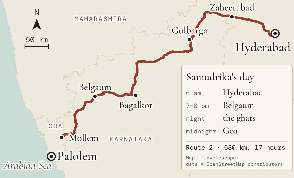 Map of the drive Samudrika took from Hyderabad to Goa by Route 2: Hyderabad at 6 am, Zaheerabad, Gulbarga, Bagalkot, Belgaum at 7 to 8 pm, then the ghats at night to Mollem and Goa at midnight; Palolem, where they stayed, in South Goa; 680 km in 17 hours (map data © OpenStreetMap contributors)