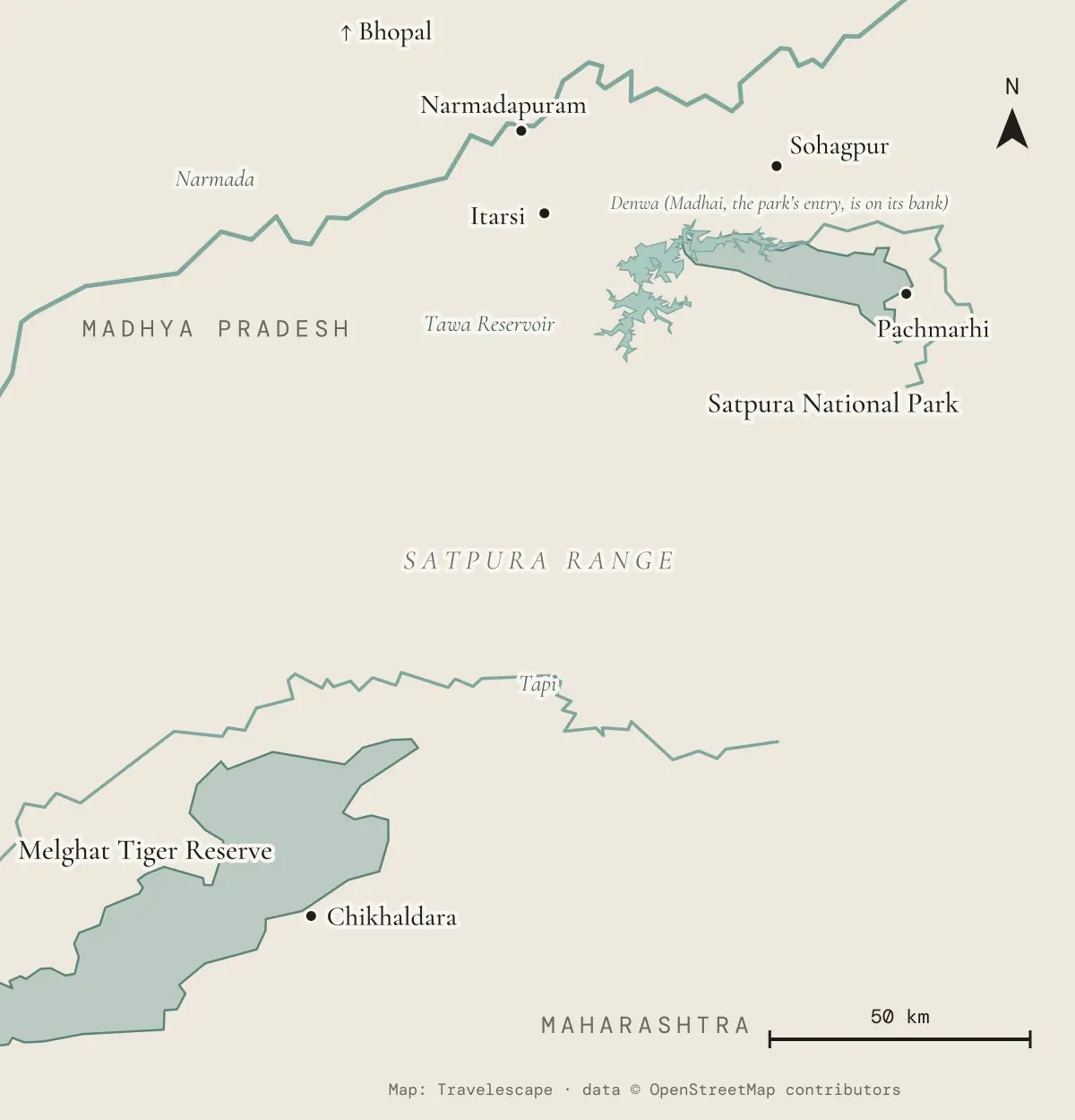 Map of the Satpura landscape: Satpura National Park and the Tawa Reservoir south of Narmadapuram, Itarsi and Sohagpur, with Pachmarhi; Melghat Tiger Reserve to the south-west, across the Satpura Range and the Tapi (map data © OpenStreetMap contributors)