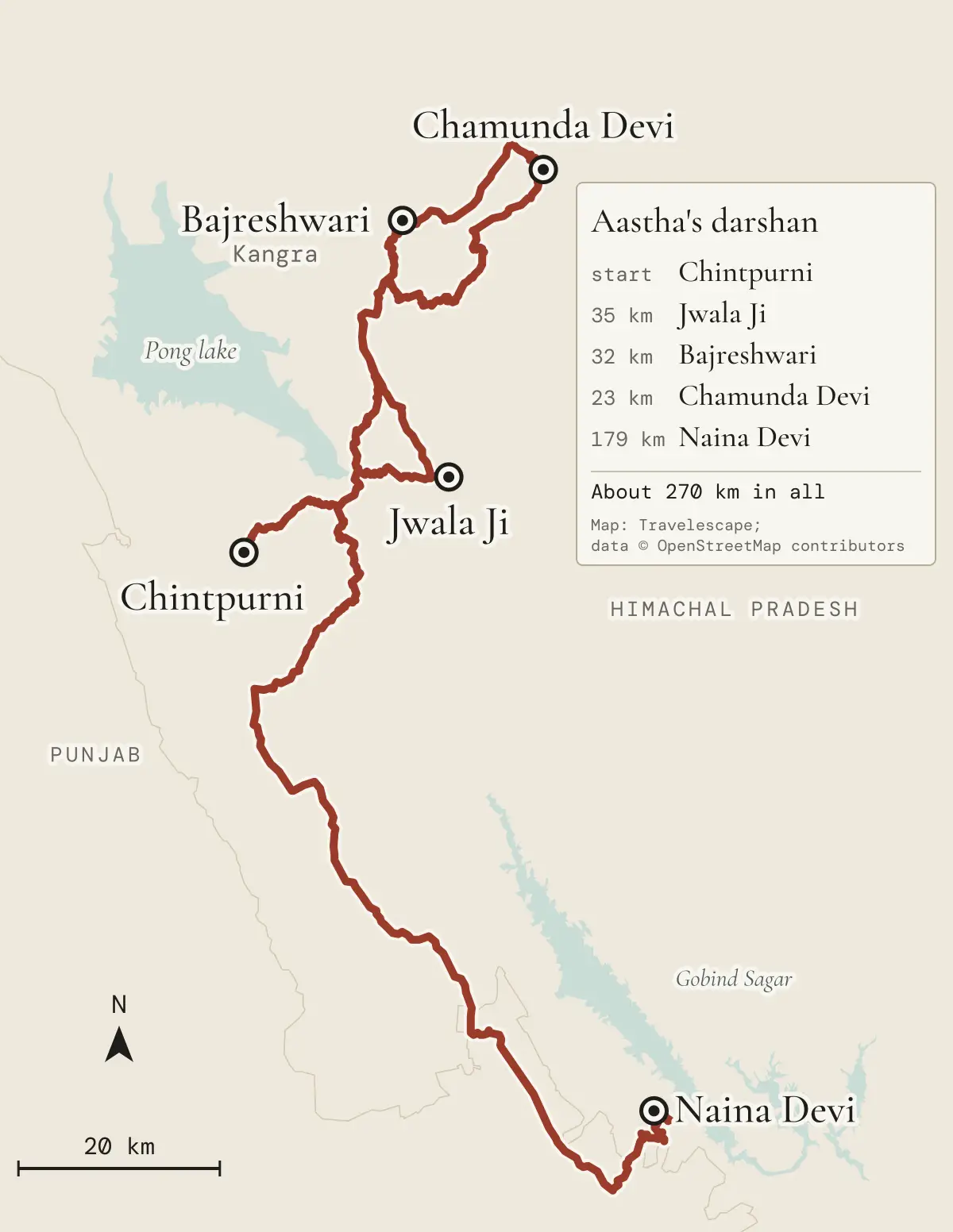 Map of the darshan Aastha made in Himachal Pradesh: Chintpurni, 35 km to Jwala Ji, 32 km to Bajreshwari in Kangra, 23 km to Chamunda Devi, then 179 km to Naina Devi above the Gobind Sagar lake; about 270 km in all (map data © OpenStreetMap contributors)