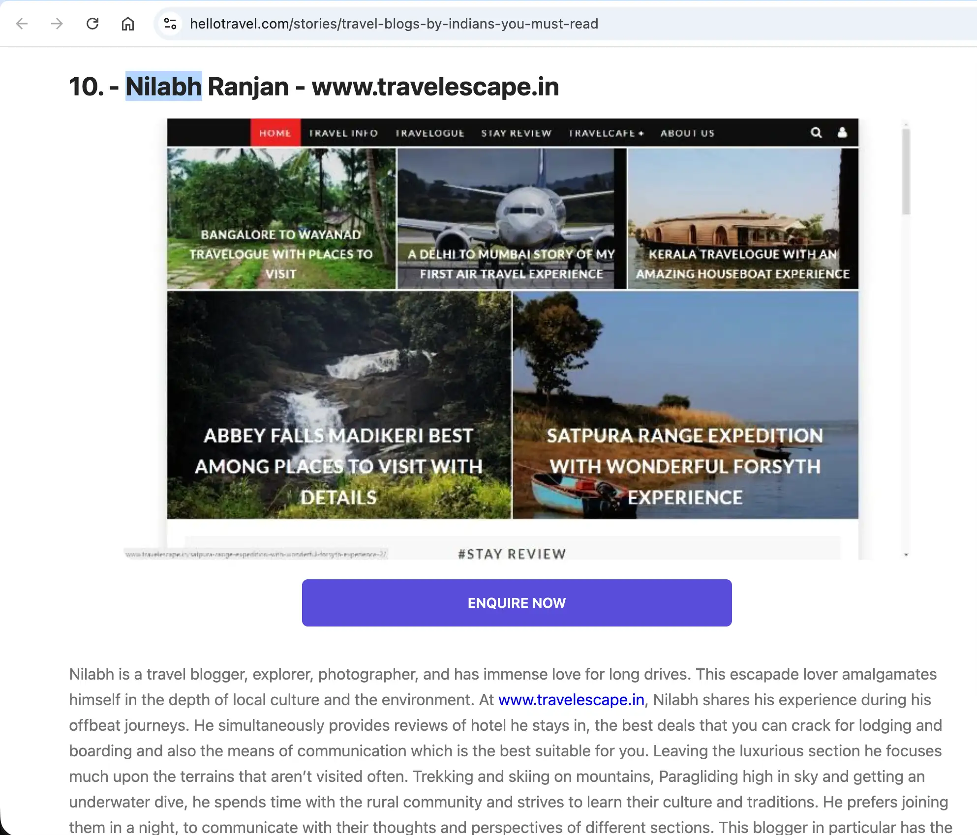 Hello Travel's list of travel blogs by Indians, with Nilabh Ranjan and travelescape.in at number 10
