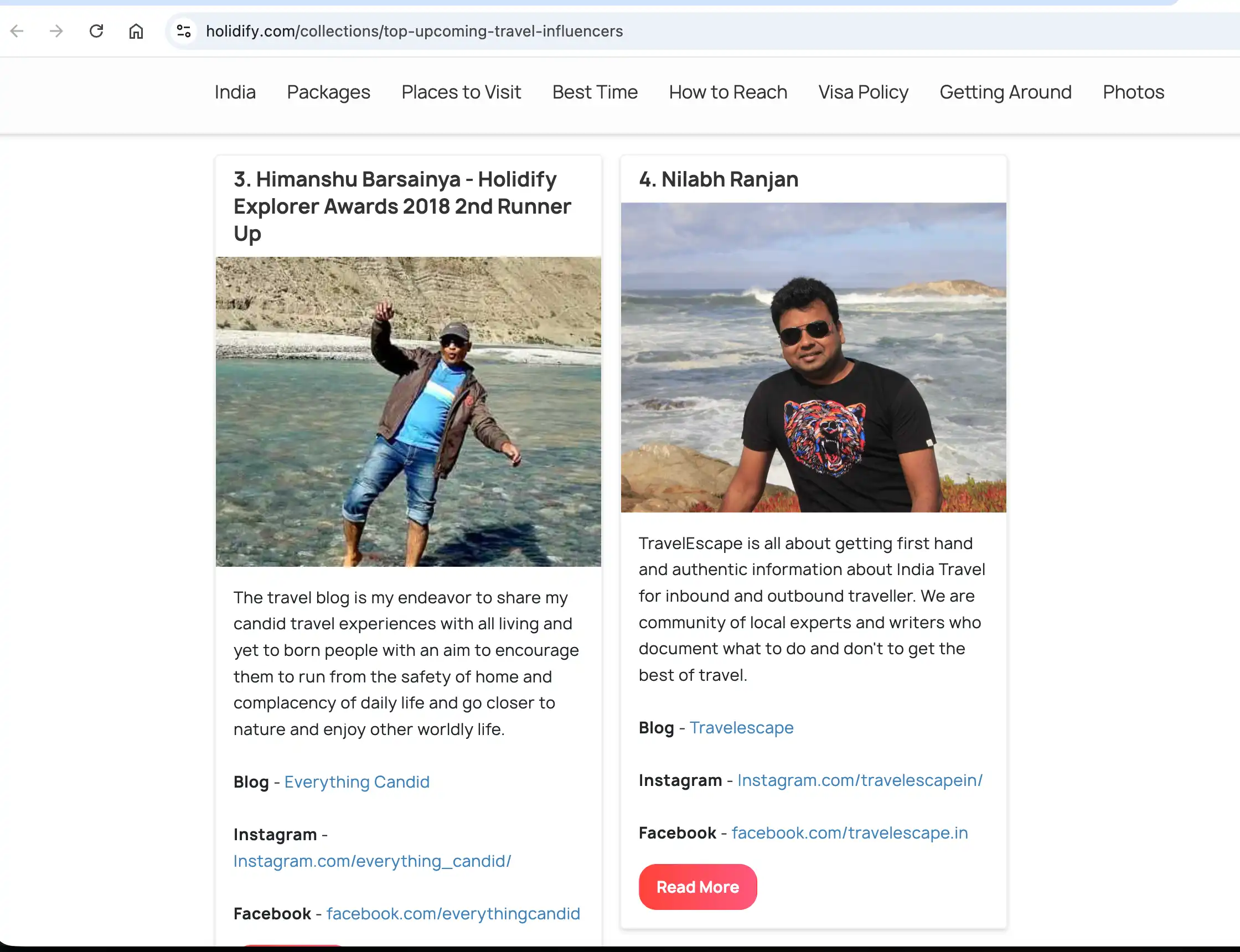 Holidify's list of top upcoming travel influencers, with Nilabh Ranjan at number 4