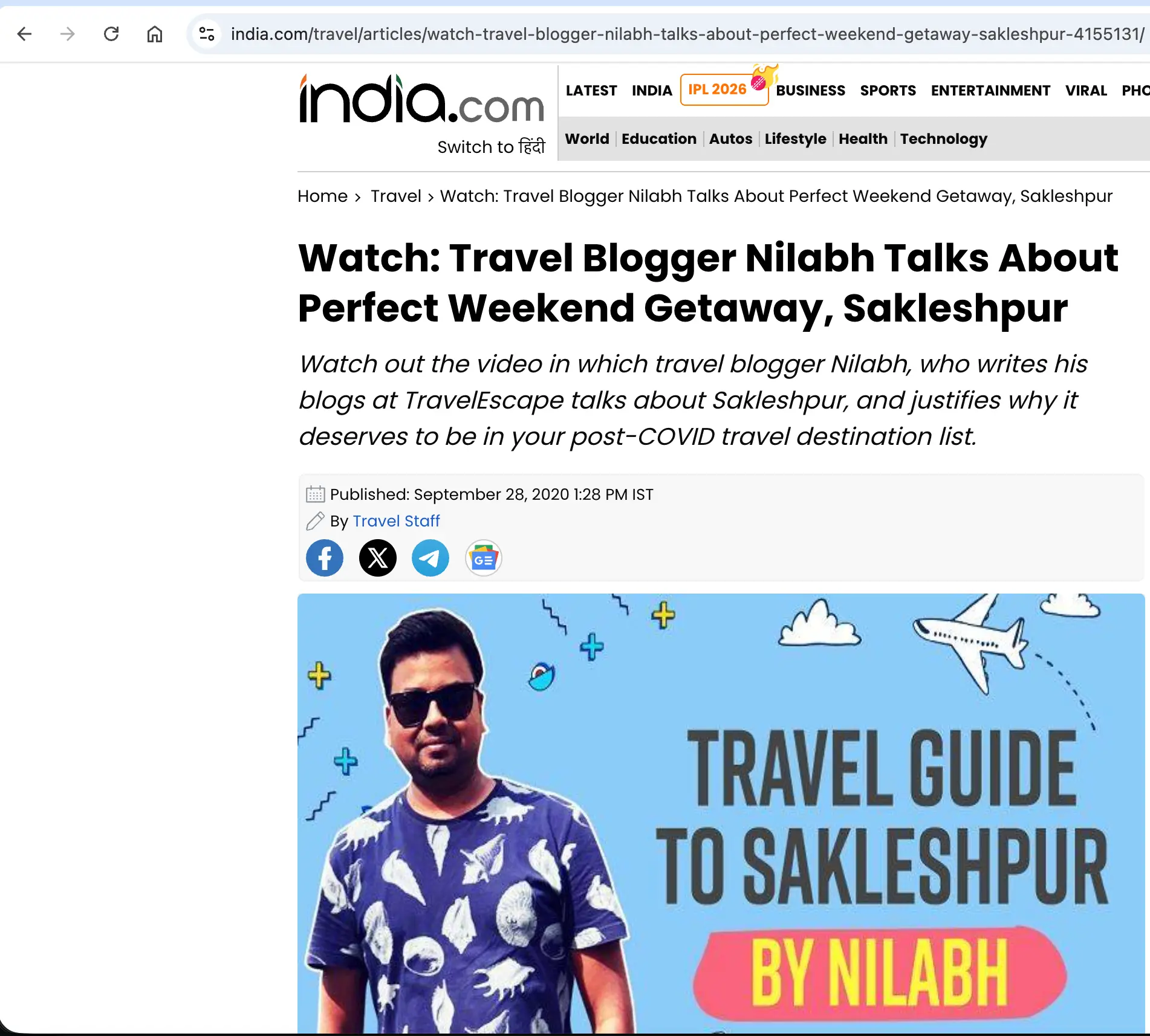 India.com article: "Watch: Travel Blogger Nilabh Talks About Perfect Weekend Getaway, Sakleshpur"