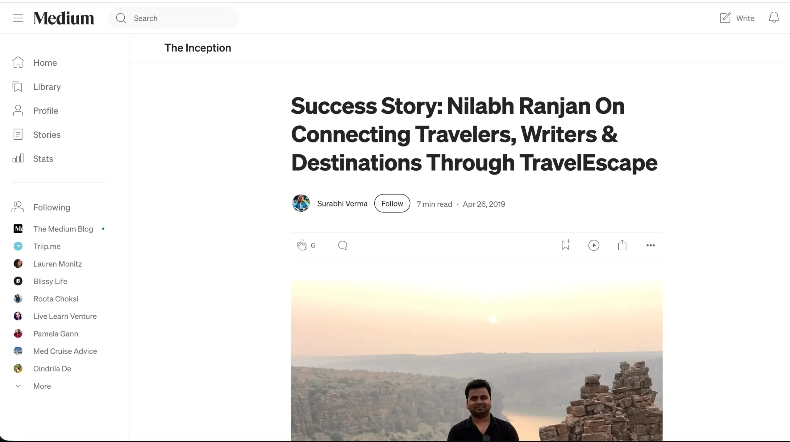 Medium article by Surabhi Verma in The Inception: "Success Story: Nilabh Ranjan On Connecting Travelers, Writers & Destinations Through TravelEscape"